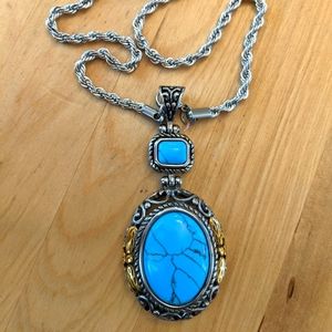 Stainless Steel Simulated Turquoise/Marcasite Antiqued-Style Necklace Chain 20"